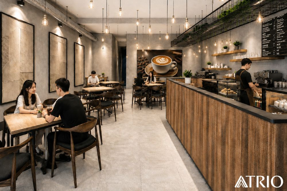 A Trio Design cafe with flexible timber seating and a long service counter