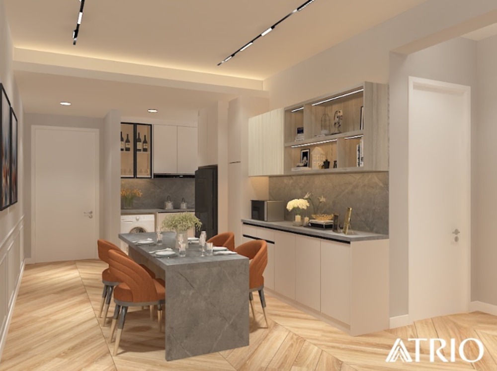 Custom dining island and light cabinetry in an 872 sqft KLCC condo