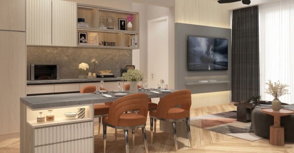 KLCC condo kitchen with custom island dining table and built-in storage