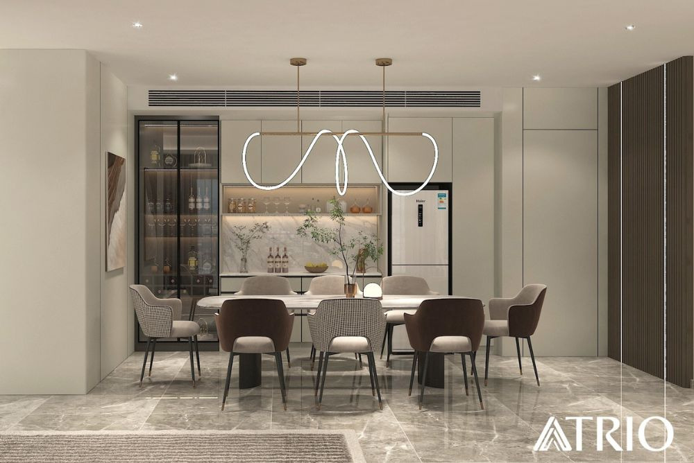 Marble dining wall with sculptural lighting in a Kuala Lumpur condo