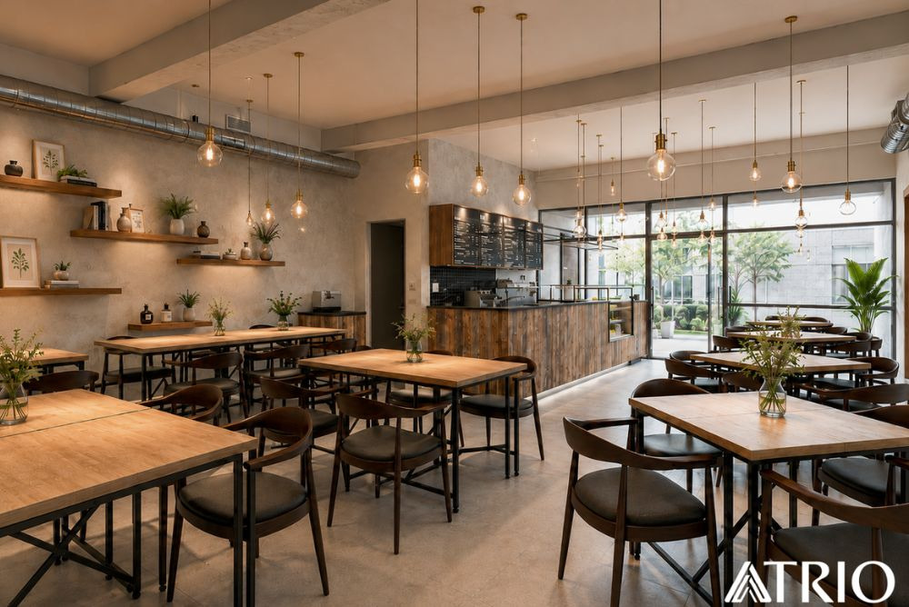 TTDI cafe with cement-look flooring, adjustable lights and movable tables