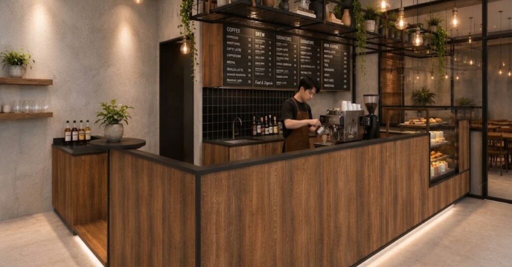 Wood-fronted cafe counter with warm lights and textured grey walls